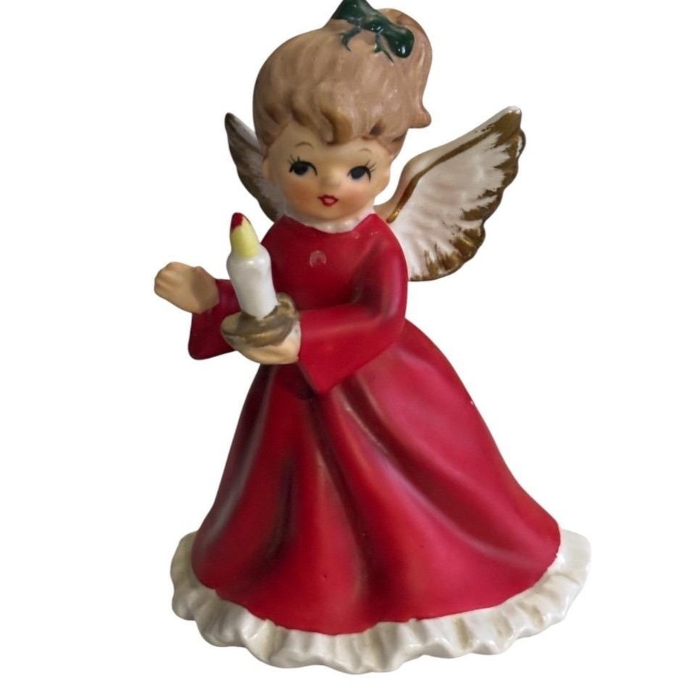 Vintage Napco Ware Christmas Angel holding candle  red dress X-6964 HTF